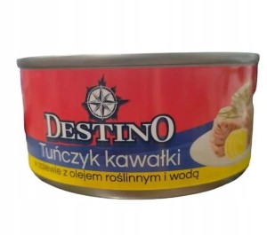 Tuńczyk Kawałki w zalewie z olejem roślinnym i wodą Destino 0,17 kg