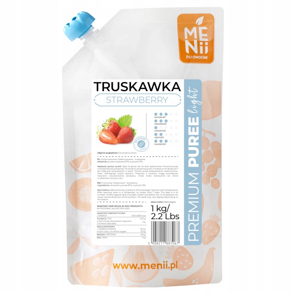 MENII Premium Puree LIGHT TRUSKAWKA pulpa 1kg Data 07.2027 BEZ CUKRU
